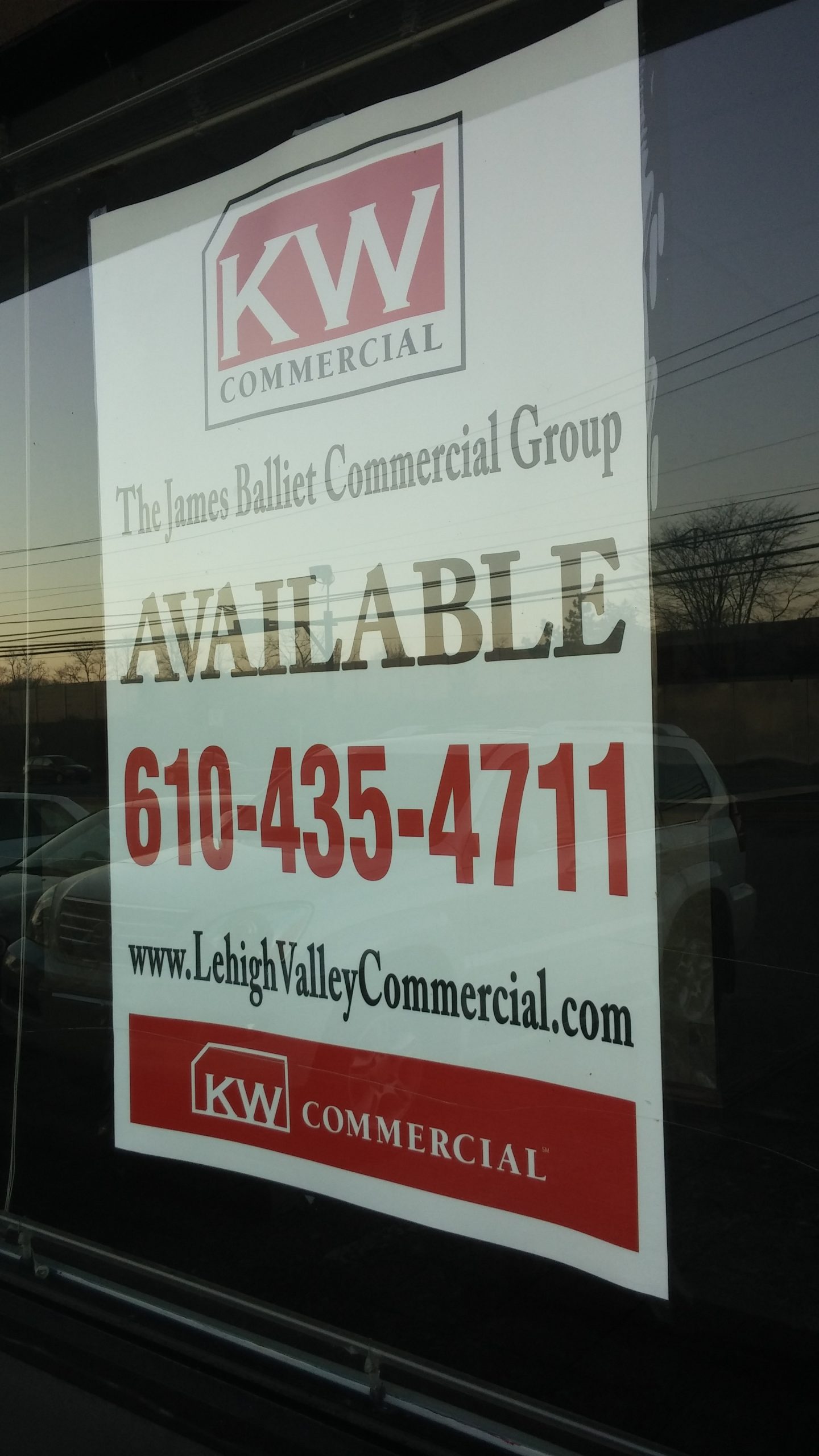 A sign in a window advertising available retail space in the Black River Plaza on Rt. 378 in Lower Saucon Township.