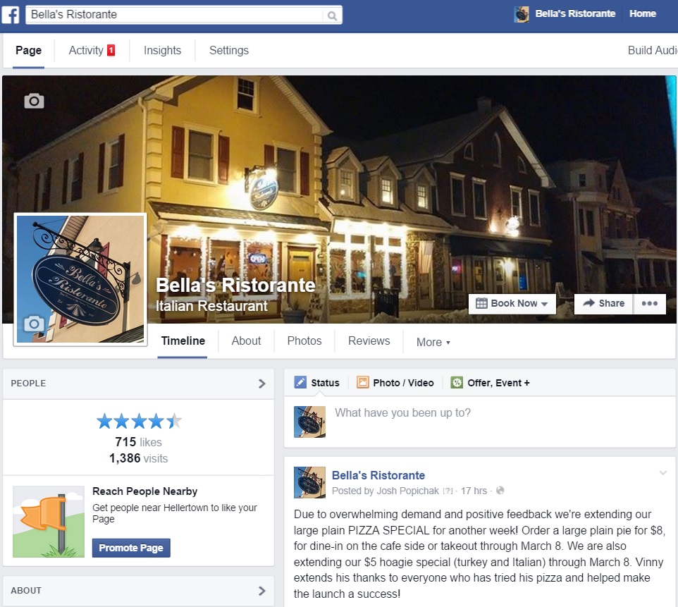 A screen shot of the Bella's Ristorante Facebook page. Bella's is an Italian restaurant at 639 Main St., Hellertown.