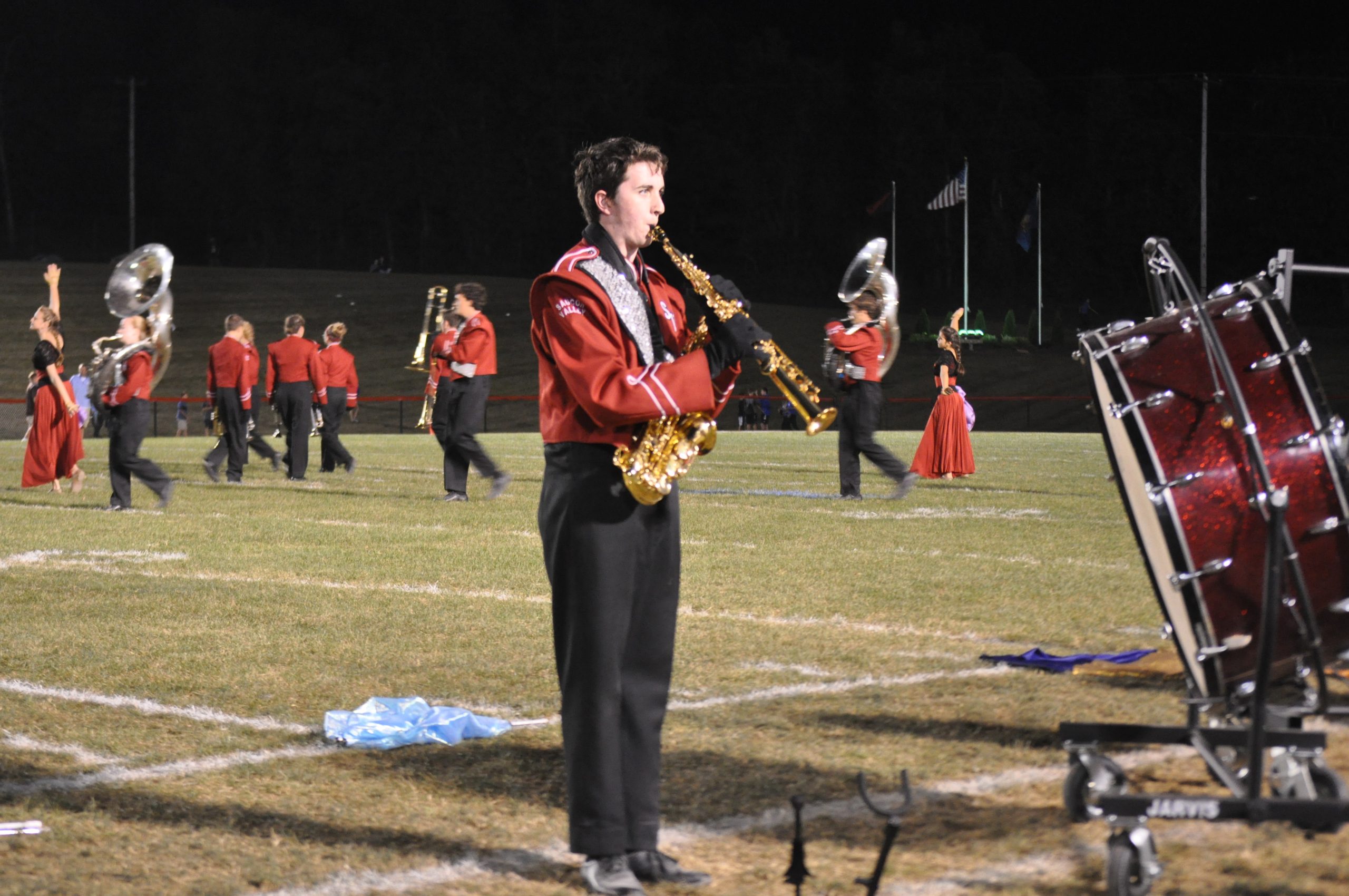 Ben Johnson performs his "Quidam" solo during the Panther Marching Band halftime show.