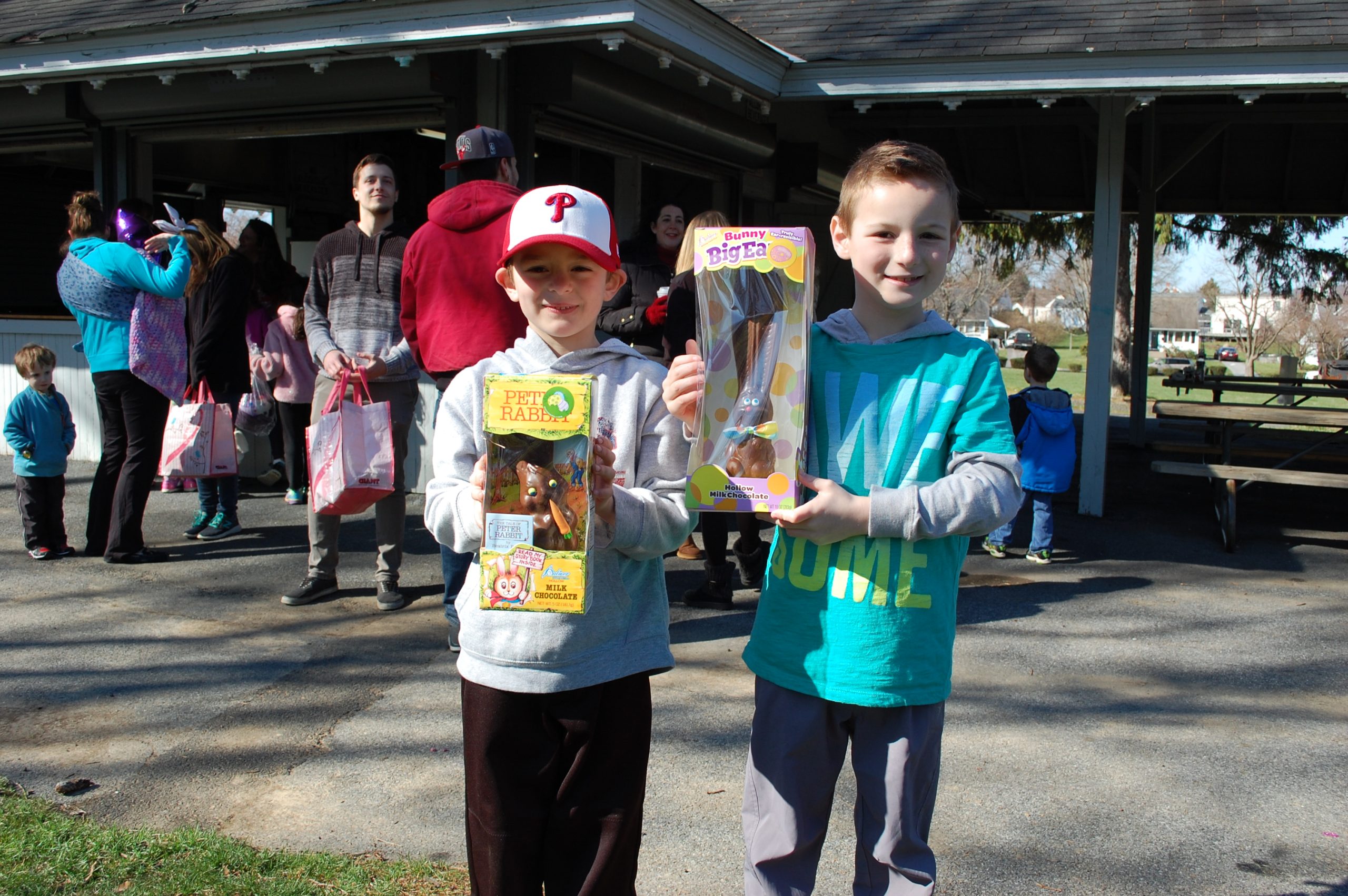 Brady Flores, left, and Maden Heiserman, both of Hellertown, showcase their chocolate bunnies.