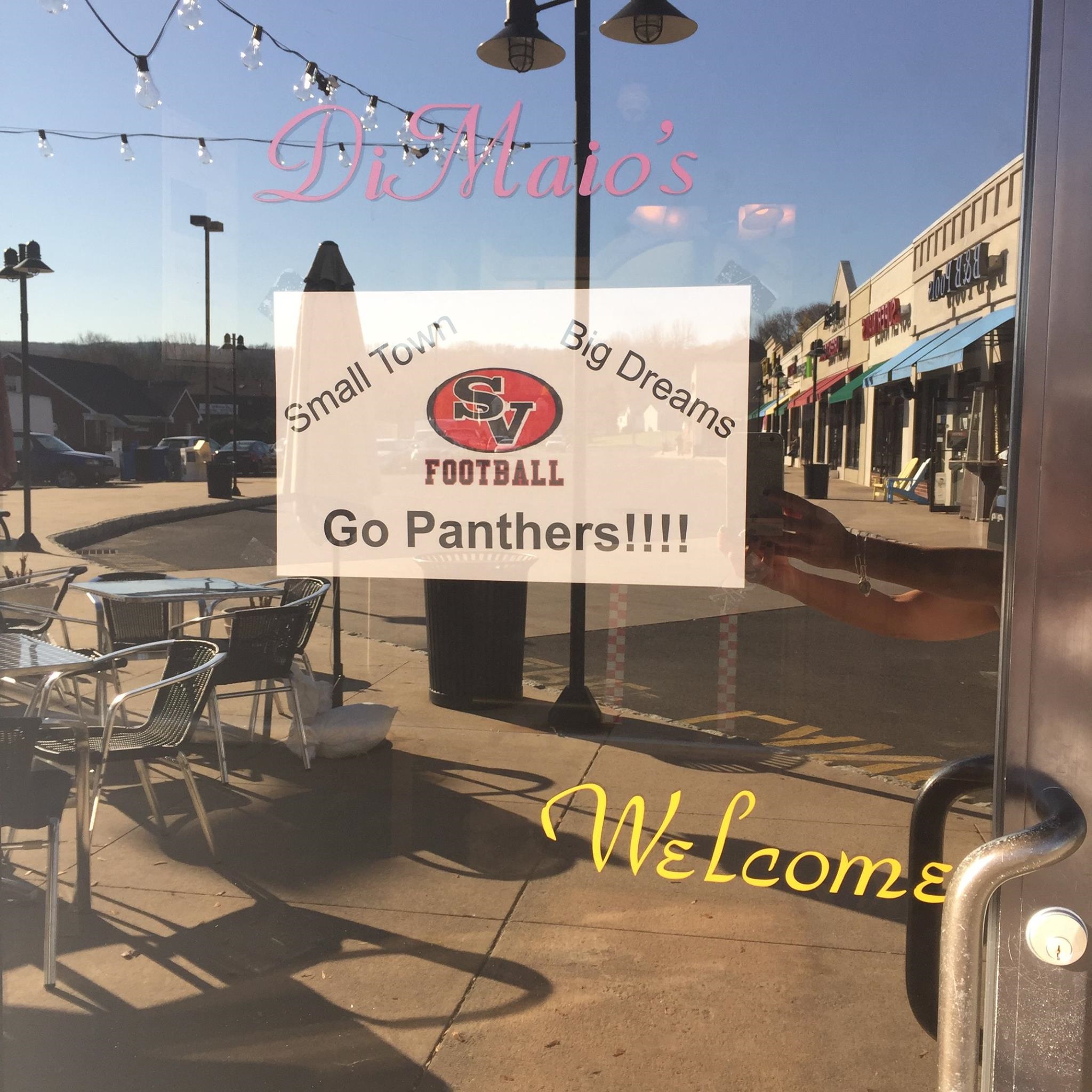 A sign supporting the Saucon Valley Panthers in their quest for a District XI AAA football championship hangins in the window of DiMaio's Family Ristorante & Pizzeria in Hellertown.