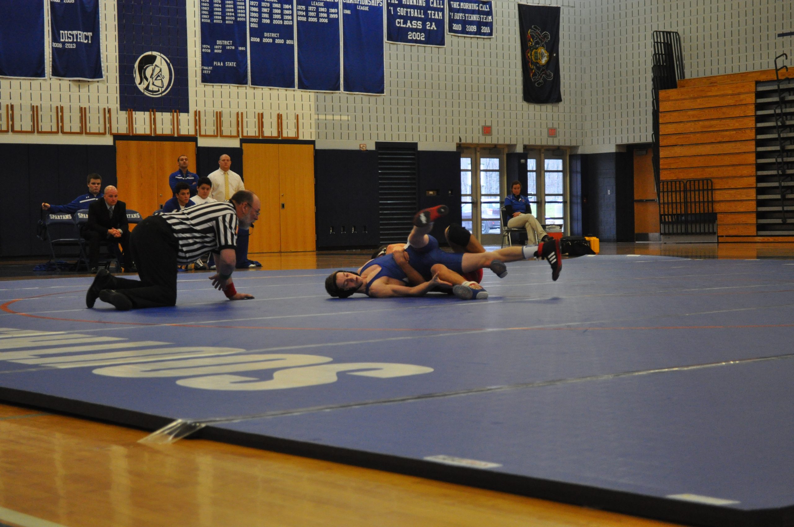 Freshman Angelo Mahaffey pins for Saucon at 120.