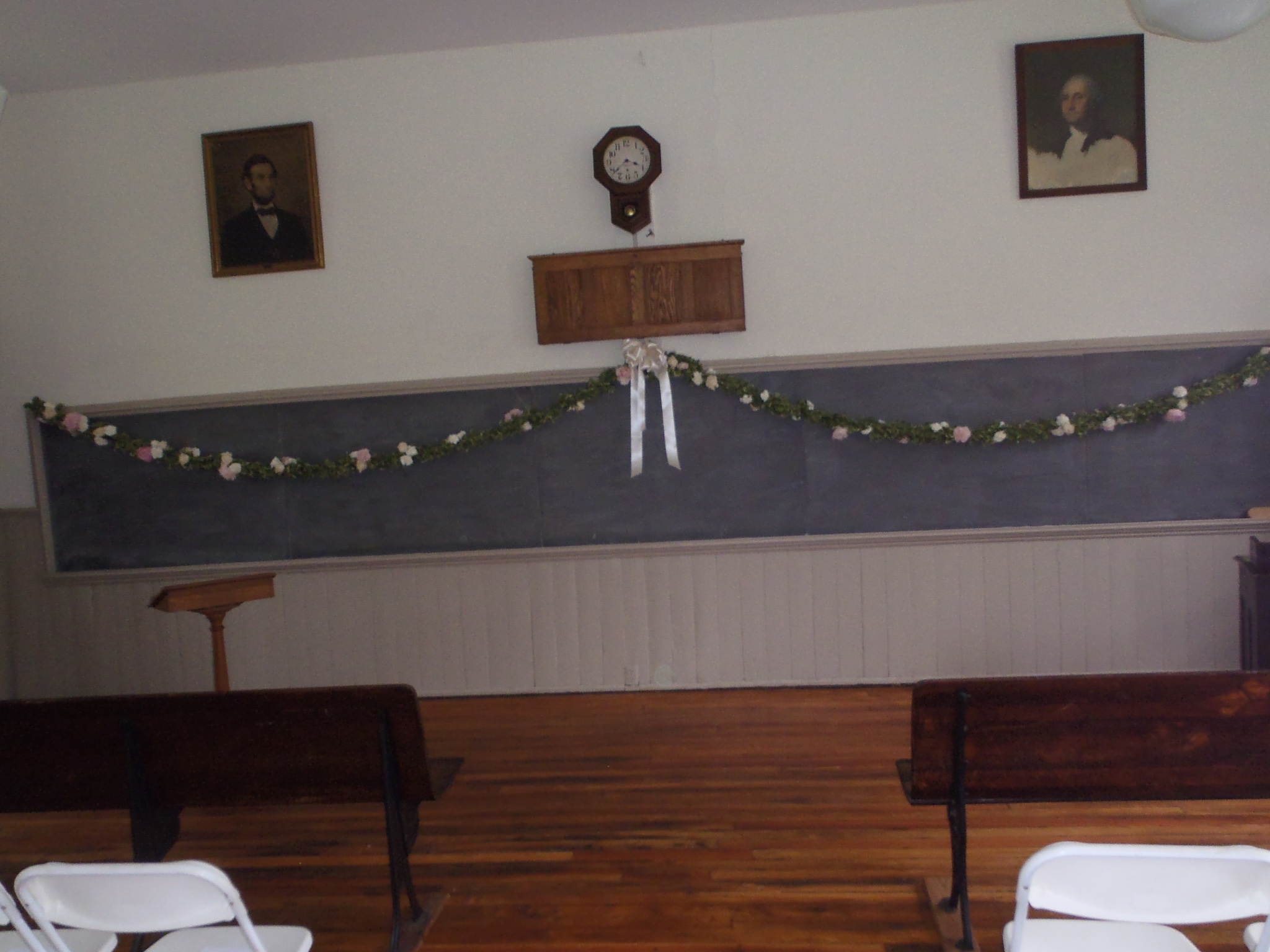 The front chalkboard inside the school was decorated for the wedding of Doug Kingston and Jessie Gebhard.