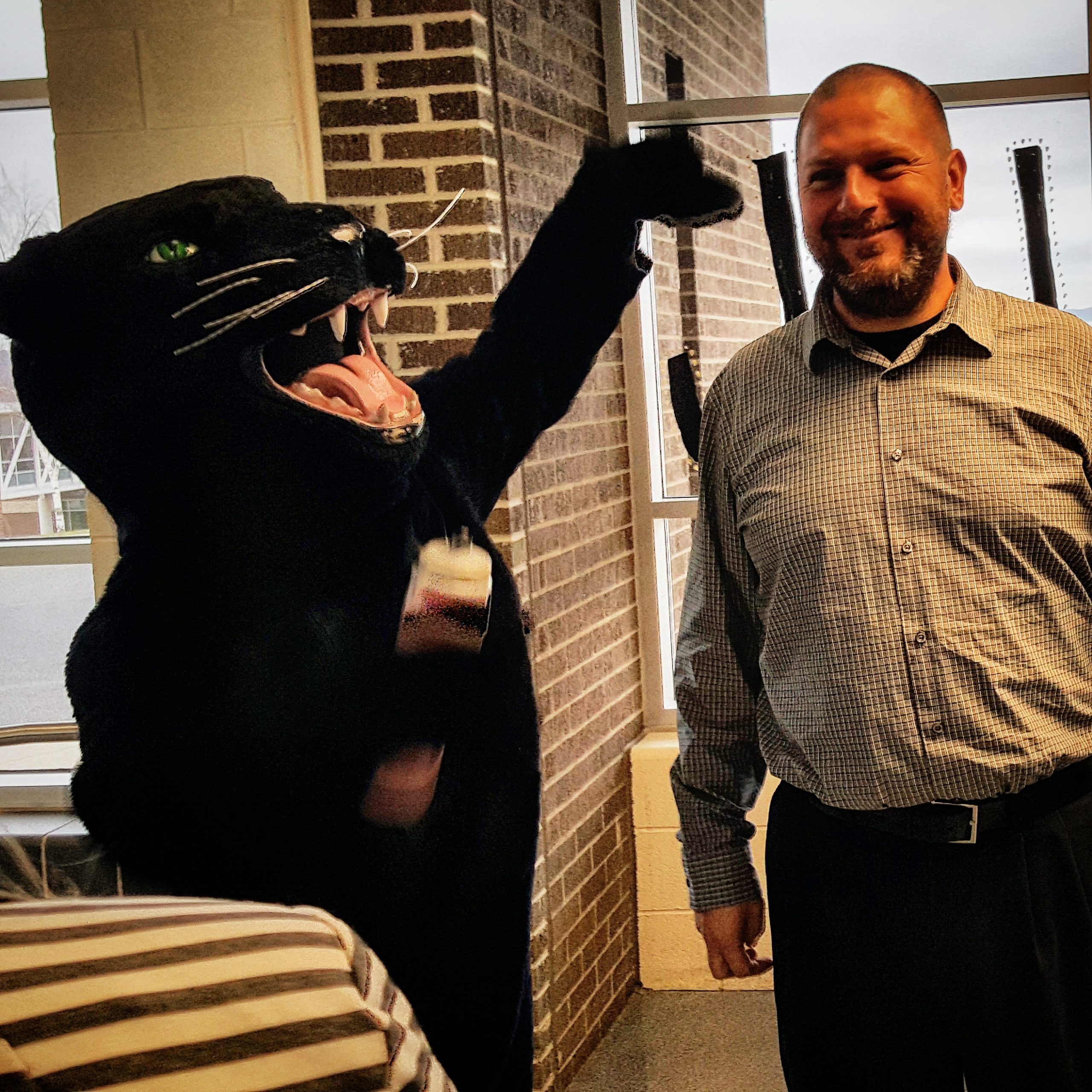 Matt Evancho will always have a friend in the Saucon Valley Panther, seen here clowning with him at the high school in November.