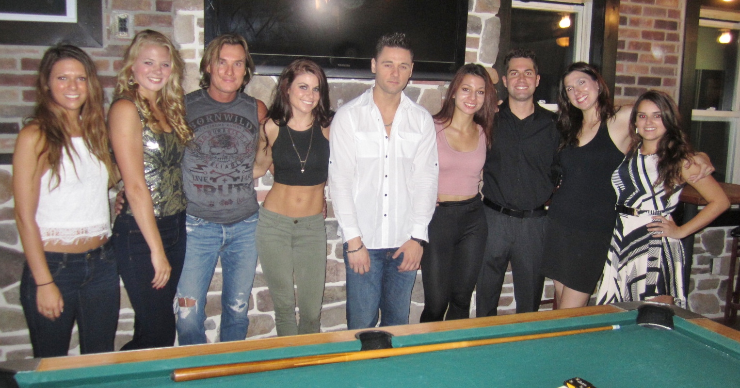 Pop-rap artist Demetrius (center in white shirt) with "Love Hurts" music video cast at Beer Mussels in Hellertown