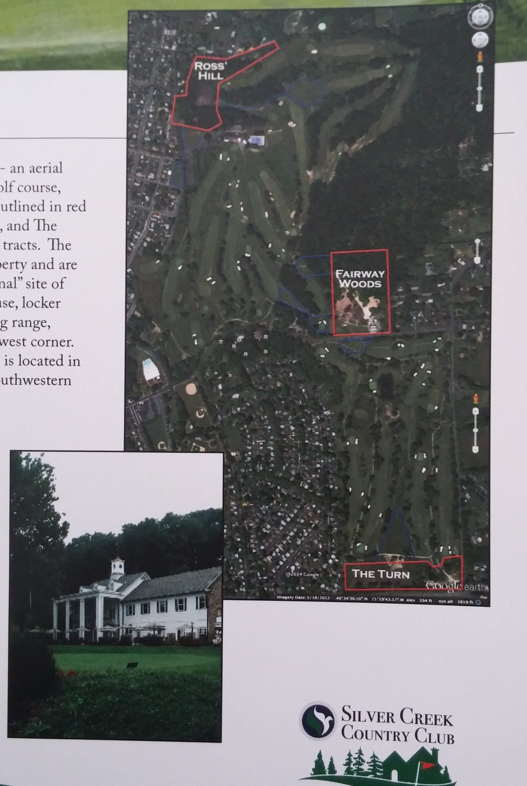 An aerial photograph is superimposed with the outlines of three proposed townhome clusters at Silver Creek Country Club in Lower Saucon Township