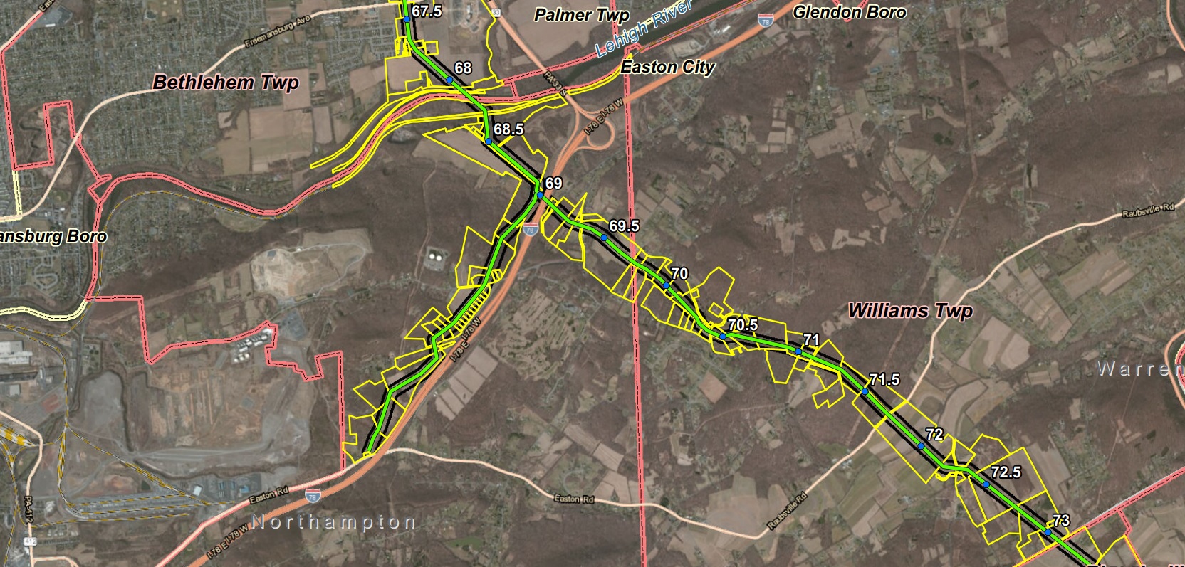 A portion of a PennEast-supplied map shows the route of a proposed natural gas pipeline/lateral sub-pipeline through Lower Saucon Township, and the individual land parcels located along it.