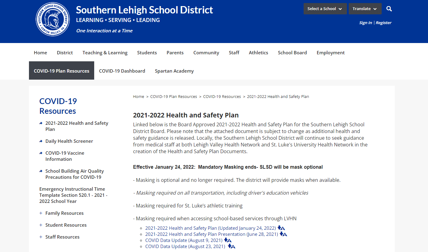 SLSD Covid Resource Page Screenshot
