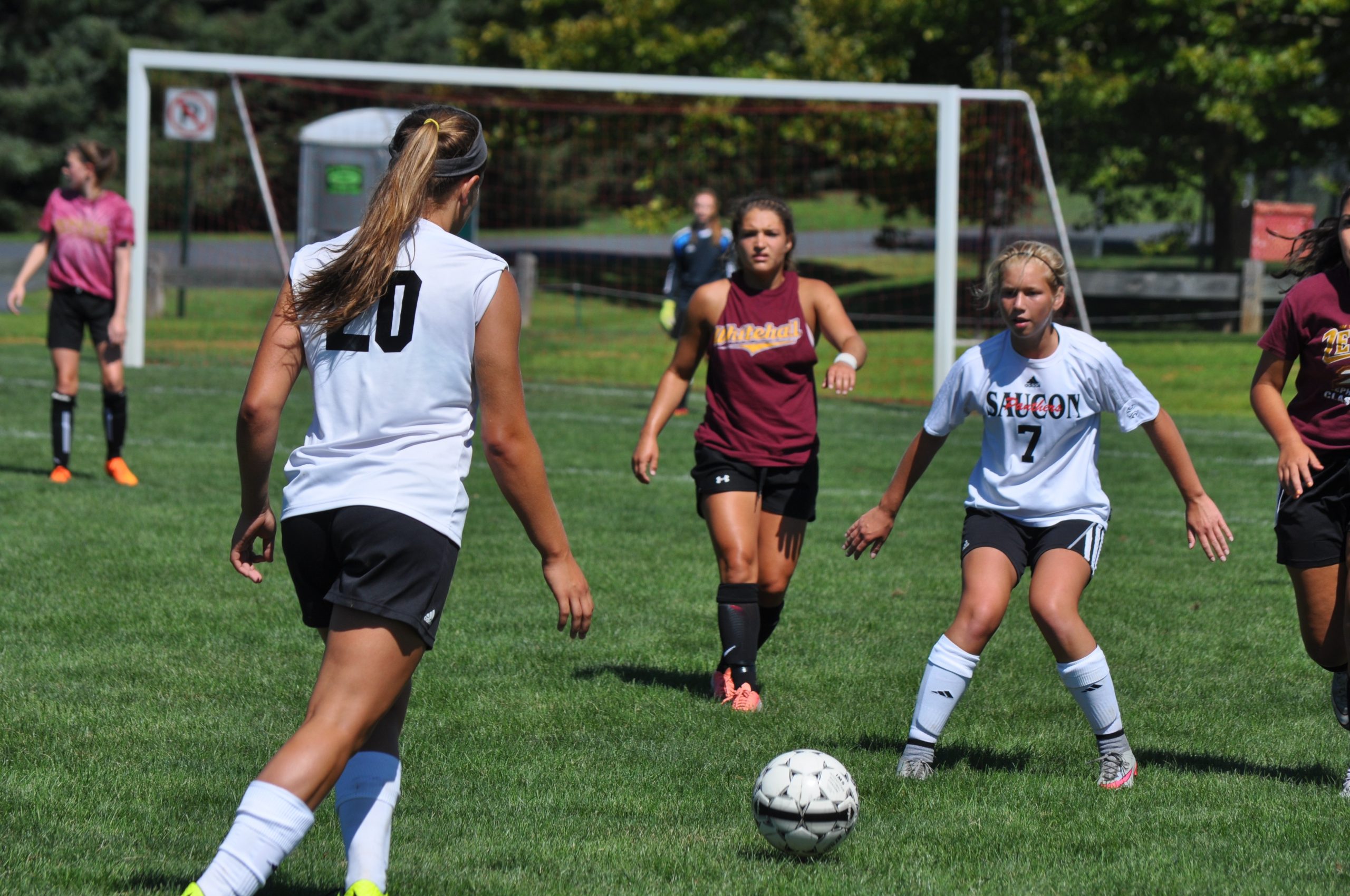 Saucon's Ashleigh Nagy (20) and Maddie Guerrieri (7) breaking down Whitehall's defense.