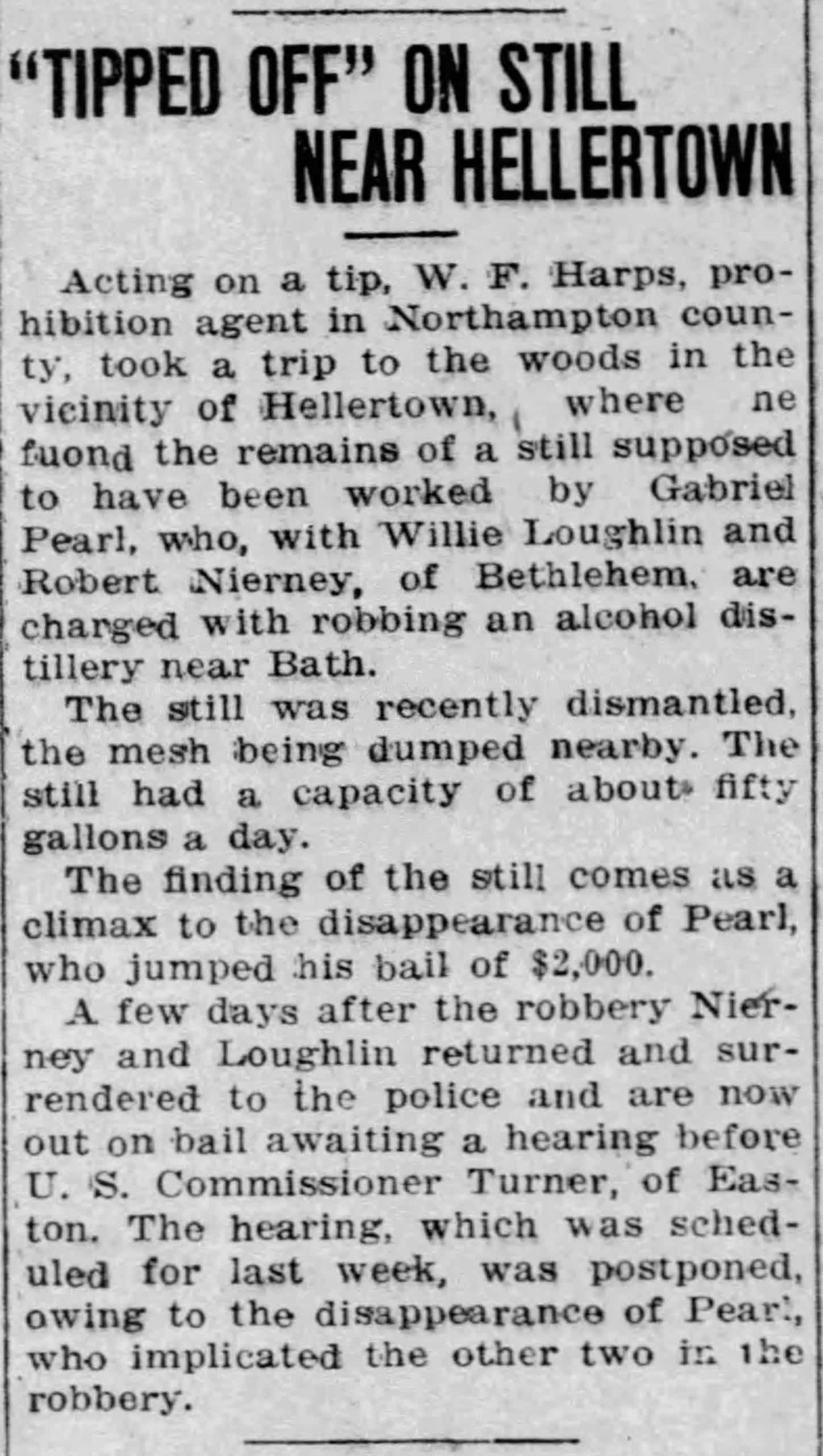 Prohibition Moonshining Hellertown