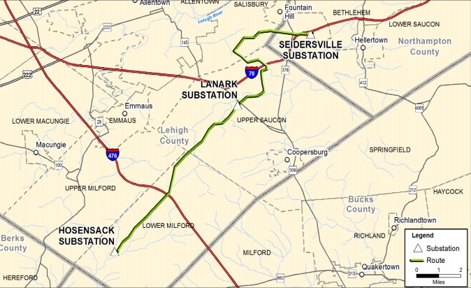 A map of PPL's Seidersville-Hosensack transmission line, which the company hopes to rebuild.