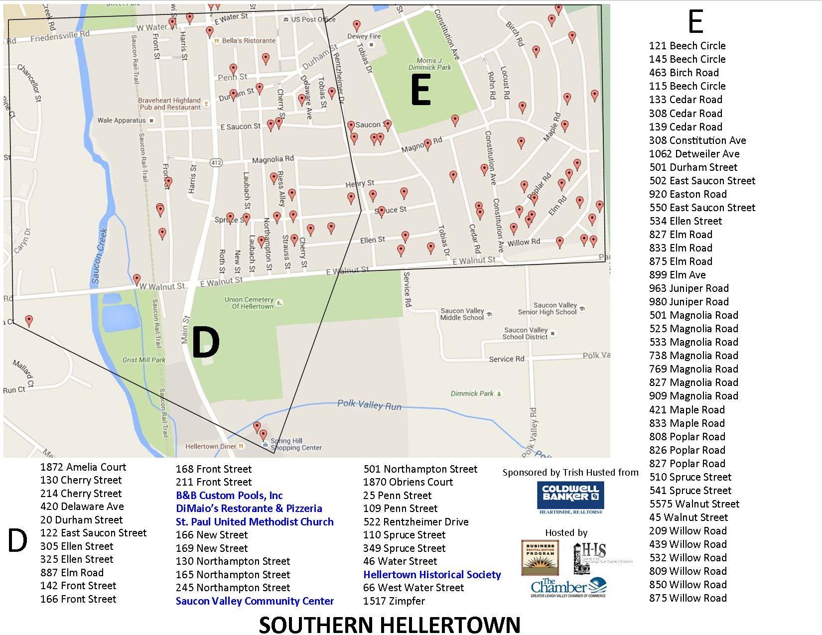The map of the yard sale addresses in South Hellertown.
